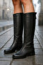 Women's Black Genuine Leather Flat Boots with Metal Accessories - 3