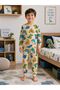 Boy's Cotton Beige Color Dinosaur Patterned Long Sleeve Seasonal Pajama Set