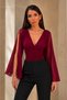 Women's Burgundy V-Neck Draped Cape Sleeve Blouse