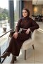 Women's Belted Ribbed Long Knitwear Dress Contrast Ribbed Hijab Dress 135 cm - 4