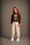 Girl's Ribbon and Teddy Printed, Embroidered Inside, 2-Piece Pack Brown-Beige Children's Tracksuit Set - 4