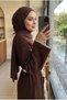 Women's Belted Ribbed Long Knitwear Dress Contrast Ribbed Hijab Dress 135 cm