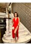 Women's Red Knitted Drawstring Backless Deep V-Neck Maxi Dress Yel221679 - 4