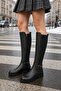 Women's Black Genuine Leather Flexible Riding Boots with Back Accessory Detail - 4