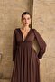 Women's Brown Lace Detailed V-Neck Maxi Dress - 2