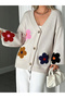 Women's Floral Patterned Embroidered Knitwear Cardigan Oversize V-Neck Buttoned Loose Model 🌸 - 4