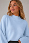 Women's Blue Spanish Bat Sleeve Knitwear Sweater Ribbed Knit Cuffed High Neck Solid Color - 5