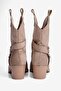 Women's Suede Boots with Belt Detail and Heel, Pull-On Western Roxy Mink - 3