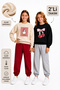Girl's Duck and Cherry Printed, Embroidered Inside, 2-Piece Pack Black-Beige Children's Tracksuit Set