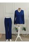 Women's Long Sleeve V-Neck Viscose Two-Thread Blouse and Slit Detailed Trousers Two-Piece Set - 5