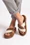 Women's Plush House Slippers, Double Color, Cross-Strapped, Open Toe, Thick Soled, Winter Comfortable Slippers Model - 6