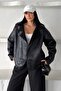 Women's Laminated Coat with Plush Inner, Double Pockets, Long Sleeves, Buttoned, Low Shoulder, Furry Oversized Jacket Coat