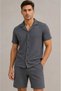 Men's 2-Piece Crepe Fabric Pocket Shirt Shorts Set Short Sleeve Lace-Up - Navy Blue - Smoked - 3