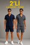 Men's 2-Piece Crepe Fabric Pocket Shirt Shorts Set Short Sleeve Lace-Up - Navy Blue - Smoked