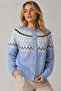 Women's Baby Blue Stylish Patterned Buttoned Crew Neck Knitwear Cardigan