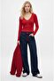 Women's Zayn Combed Cotton 100% Cotton Lace-Up Red Long Sleeve Knitted Blouse - 2