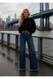 Women's High Waist Faded Effect Vintage Belted, Waist Tassel Leg Tassel with Lycra Palazzo Jean