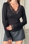 V-Neck Collar and Sleeves Lace Detailed Cashmere Blend Blouse Sun482