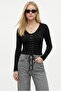 Women's Zayn Combed Cotton 100% Cotton Lace-Up Black Long Sleeve Knitted Blouse - 4