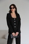 Open Collar Stone Buttoned Padded Black Blazer Jacket - 2