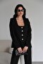 Open Collar Stone Buttoned Padded Black Blazer Jacket