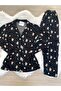 Black Cookie Man Patterned Suede Shirt Collar Long Sleeve Pajama Set - 8