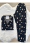 Black Cookie Man Patterned Suede Shirt Collar Long Sleeve Pajama Set