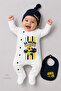 Baby 3-Piece Romper Set Yellow Navy Blue Fan Themed "I'M Ready for My First Match" Printed Newborn Romper Beanie Bib 100% Cotton - 2