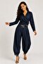 Women's Navy Blue Denim Look Double-Breasted Blouse and Shalwar Pants 2-Piece Set - 3