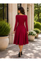 Timeless Elegance Women's Double Breasted Collar Pleated Long Sleeve Flared Midi Crepe Dress - 4