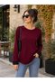 All-Day Elegance Women's Crew Neck Black Leather Cuff Detailed Relaxed Fit Crepe Blouse - 2