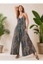 Women's Rope Strap V-Neck Shawl Patterned Oversize Wide Leg Pocket Detailed Loose Jumpsuit - 4