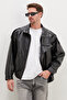 Zippered Stand Collar Faux Leather Coat - 2