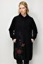 Women's Stand Collar Patterned Long Wool Coat Black - 3