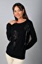 Women's Round Neck Long Sleeve Blouse with Rose Accessories on the Front - 2