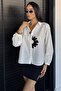 White Women's Modern Shirt with Floral Appliques - 3