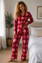 Women's Knitted Shirt Collar Red Pajama Set - 6