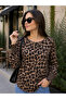 Timeless Elegance Women's Leopard Print Crew Neck Long Sleeve Blouse with Gipeli Cuff Detail - 2