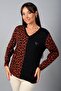 Women's Leopard Patterned V-Neck Long Sleeve Blouse with Bow Accessory on the Front