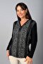 Women's V-Neck Long Sleeve Blouse with Leather Detail on the Collar and Front - 3