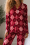 Women's Knitted Shirt Collar Red Pajama Set - 3