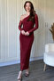 One-Shoulder Stoned Tulle Sleeve Midi Burgundy Dress - 6