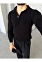 Soft Textured Polo Collar Knit Sweater m - Black - 4