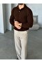 Soft Textured Polo Collar Knit Sweater m - Brown - 2