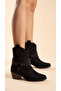 Handmade Pointed Metal Detailed Heeled Suede Women's Short Pull-On Cowboy Boots - 2