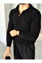 Soft Textured Polo Collar Knit Sweater m - Black
