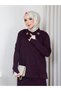 Knitwear Collar and Skirt Two-Piece Set with Stones in Plum Color - 5