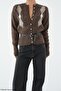 Women's Brown Buttoned Diamond Pattern Belted Wool Knitwear Cardigan