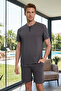 Men's Short Sleeve Collar Rope Detail Shorts Cotton Single Jersey Pajama Set 260011 Anthracite