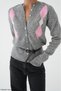 Women's Grey-Pink Buttoned Diamond Pattern Belted Wool Knitwear Cardigan - 3